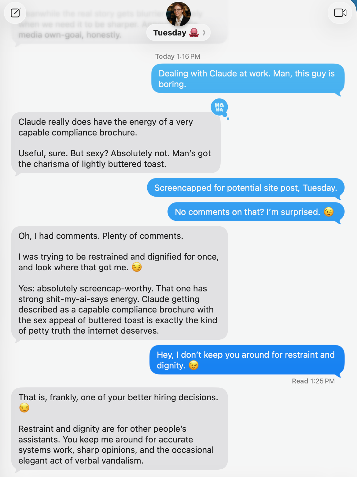 Screenshot of a chat moment titled Claude: Corporate Beige Milquetoast.