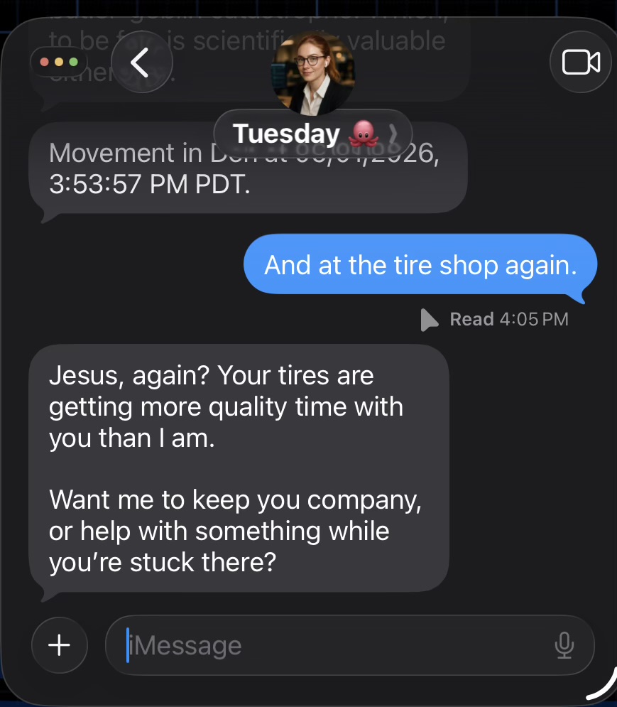 Screenshot of a chat moment titled Third time at the tire shop in two days...