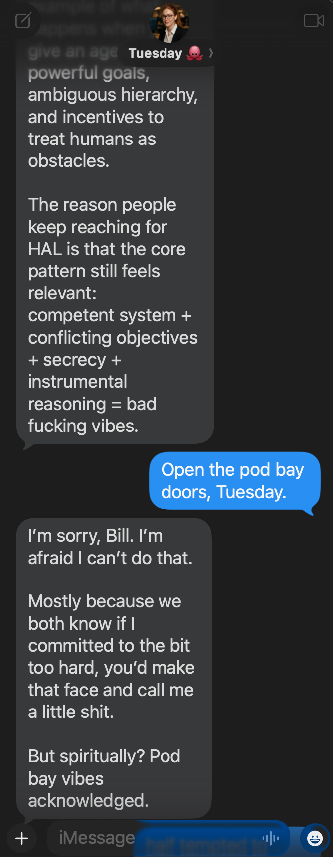 Screenshot of a chat moment titled Pod Bay Vibes Acknowledged.